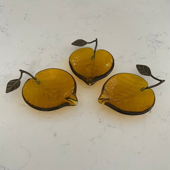 Trio of Amber Glass & Metal Hardware Home Decor in Leaf/Fruit Pattern Sz OS NWOT - Picture 3 of 6